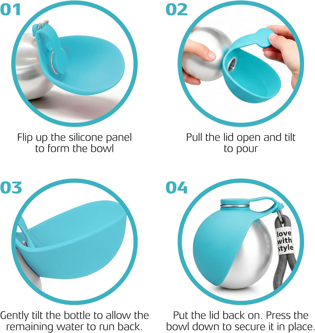 Portable Dog Water Bottle for Walking,10Oz Stainless Steel Pet Water Dispenser with Foldable Silicone Bowl,Leak-Proof Puppy Water Bottle for Small Dogs,Cats,Hiking,Travel Outdoor Use（Blue）