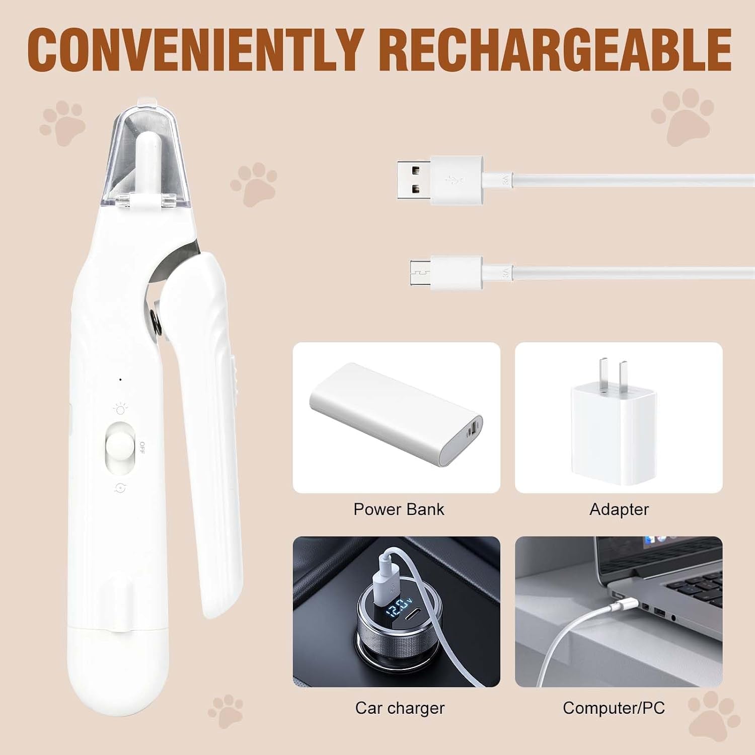 2-In-1 Dog Nail Grinder &Dog Nail Clippers with Light，Cat Nail Clippers ，Ultra-Quiet, USB Rechargeable, Multiple Grinding Methods, and Splash Guard for Large Medium Small Dogs Cats Pets(White)